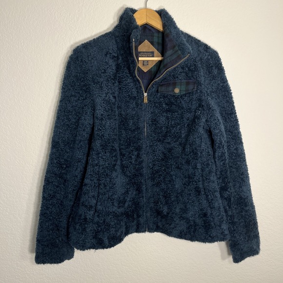 Pendleton Jackets & Blazers - Pendleton Jacket Womens Medium Blue Green Full Zip Deep Pile Coat Mock Neck